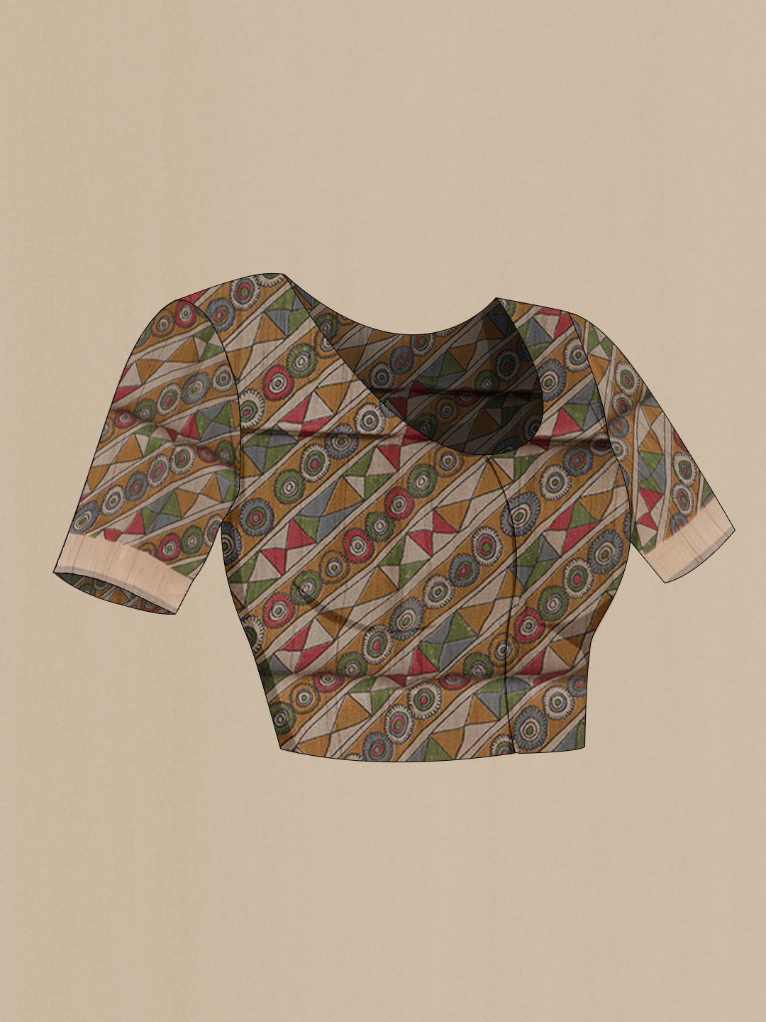 Close up image of the blouse of Red Tussar Silk Saree with Stripes on the body and Printed Border. 