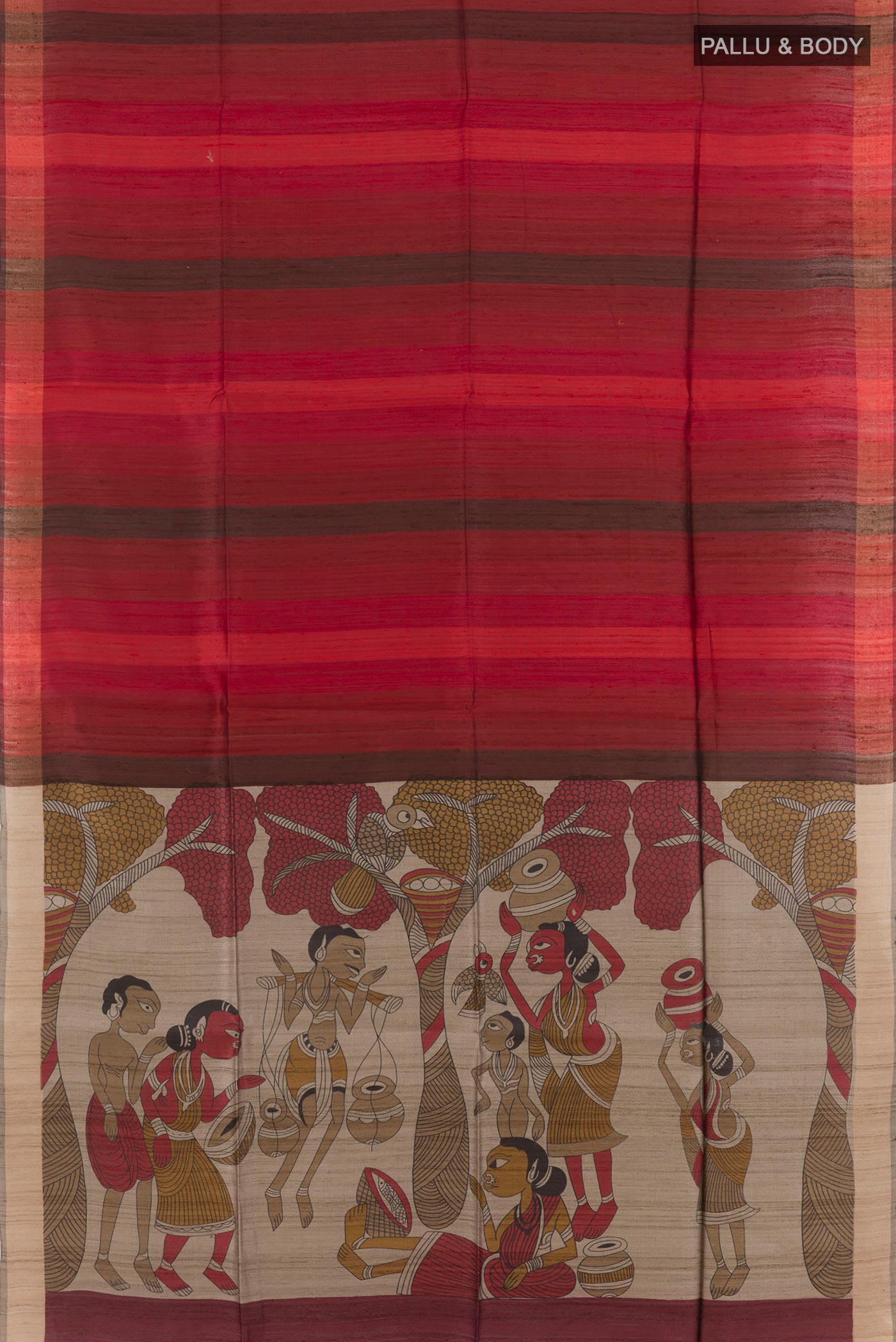 Flat view of Red Tussar Silk Saree with Stripes on the body and Printed Border. 