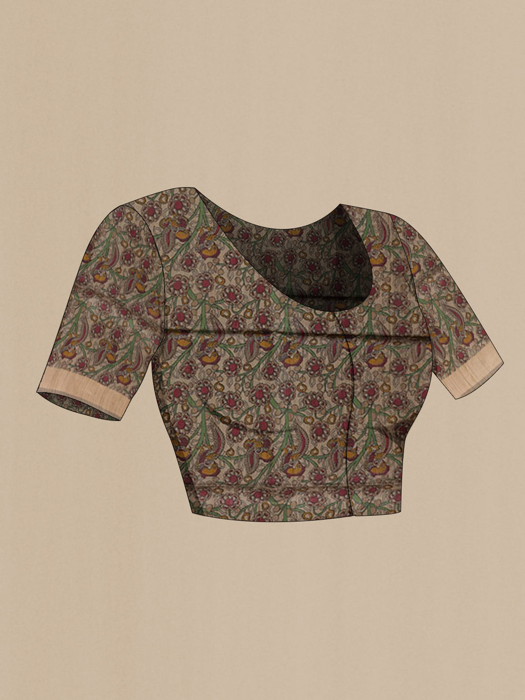 Close up image of the blouse of Maroon Tussar Saree with Printed design on the body and Zari Border. 
