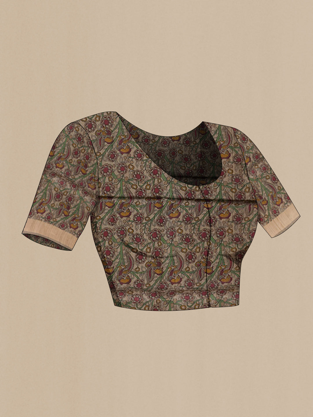 Close up image of the blouse of Maroon Tussar Saree with Printed design on the body and Zari Border. 