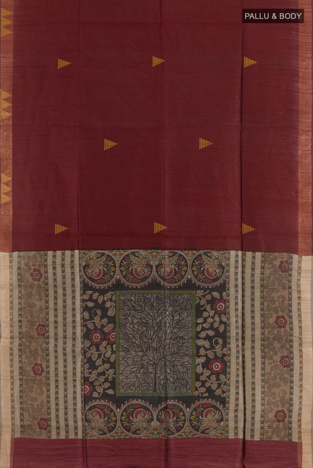 Flat view of Maroon Tussar Saree with Printed design on the body and Zari Border. 