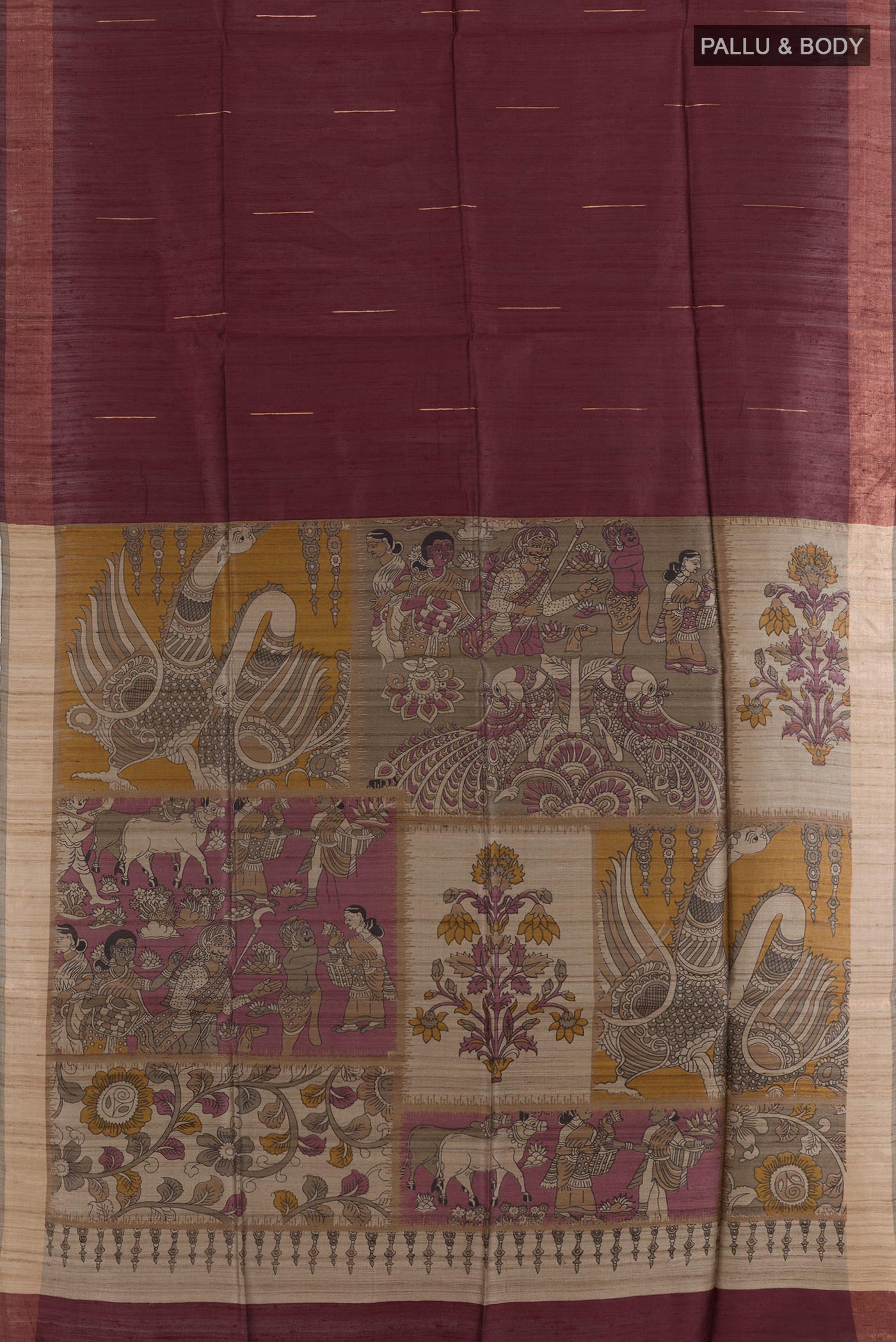 Flat view of Maroon Tussar Saree with Zari Butta on the body and Without Border. 
