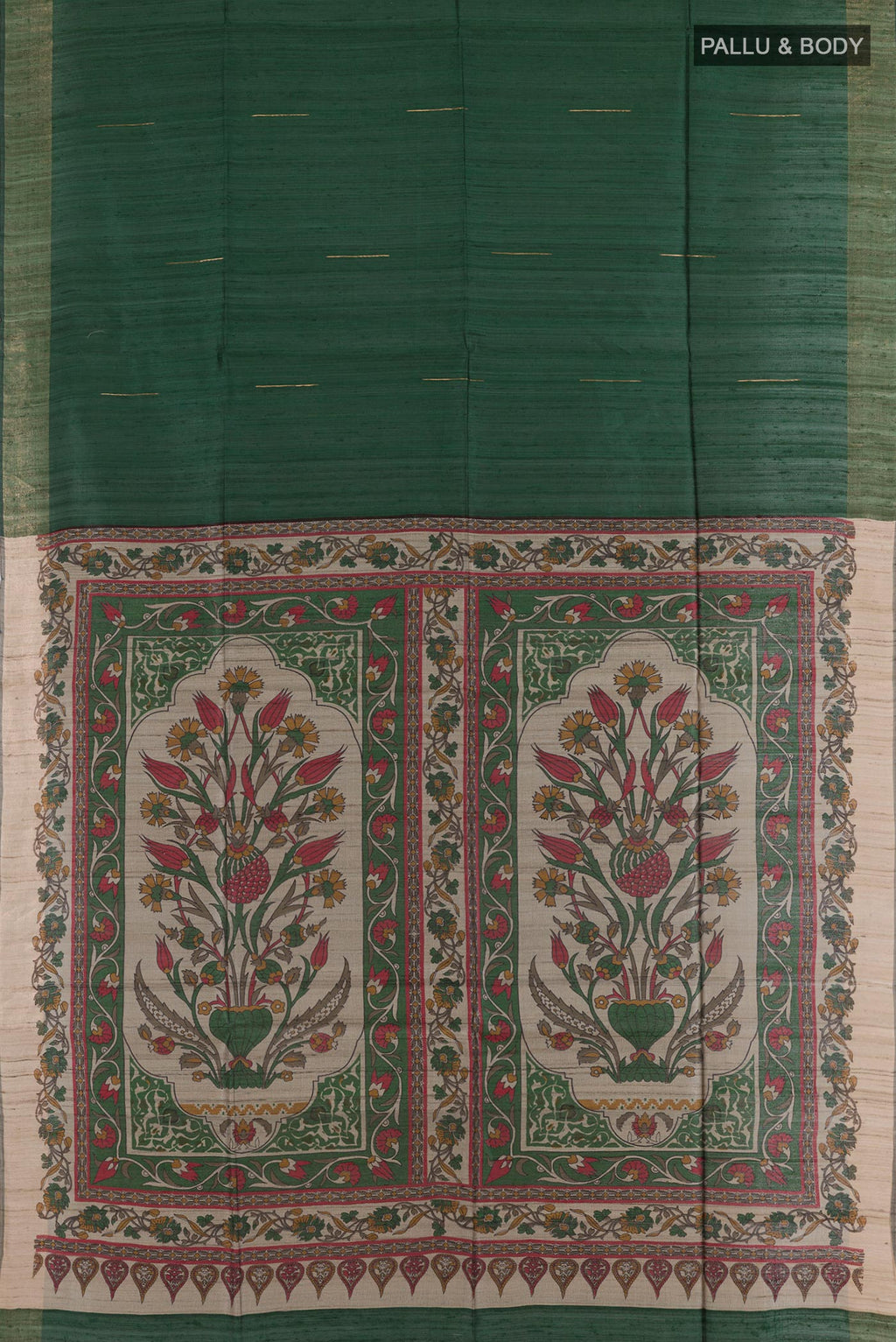 Flat view of Green Tussar Saree with Zari Butta on the body and Zari Border. 