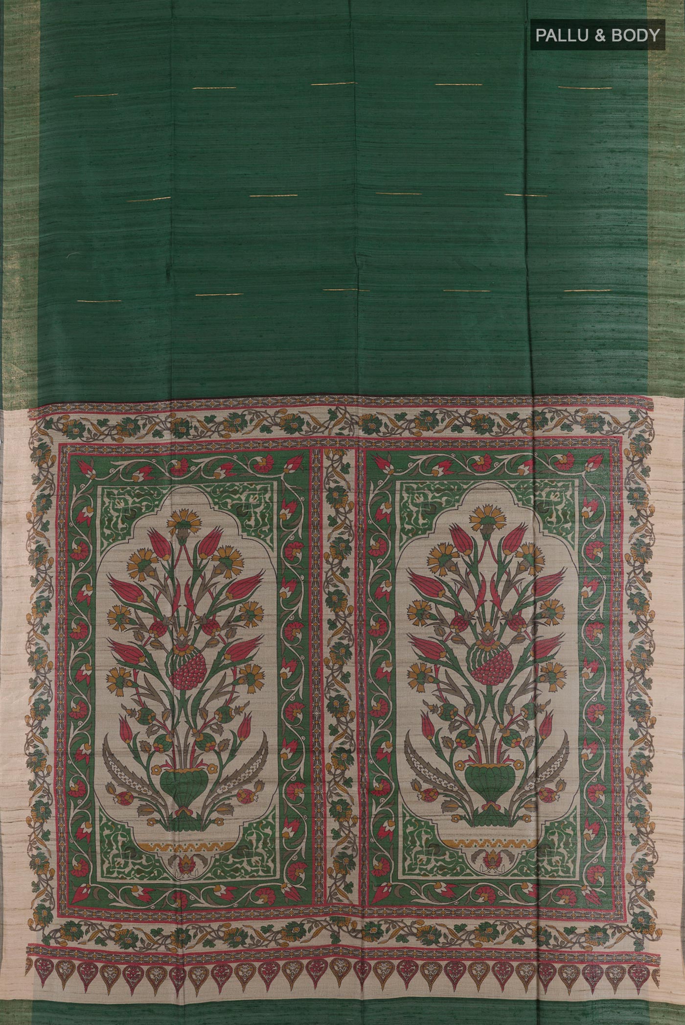 Flat view of Green Tussar Saree with Zari Butta on the body and Zari Border. 
