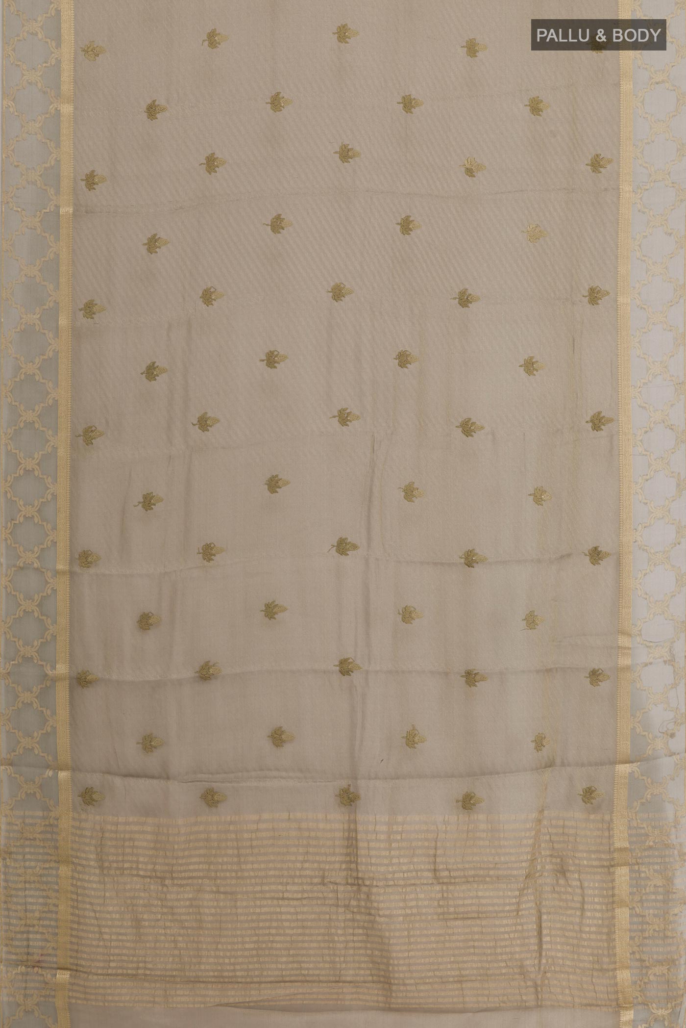 Flat view of Mehandi Green Mysore Georgette Saree with Embroidery on the body and Printed Border. 