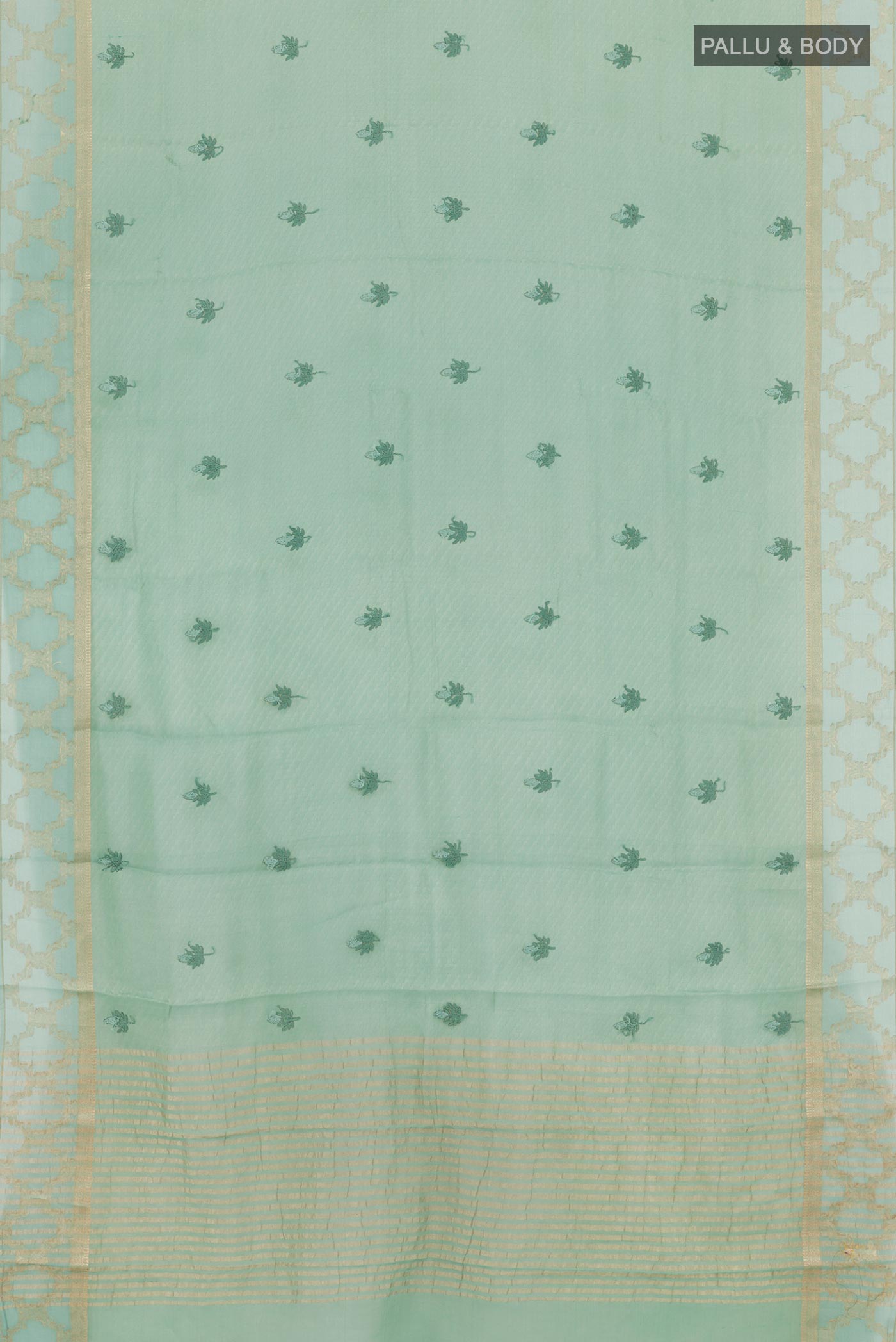Flat view of Sea Green Mysore Georgette Saree with Embroidery on the body and Printed Border. 