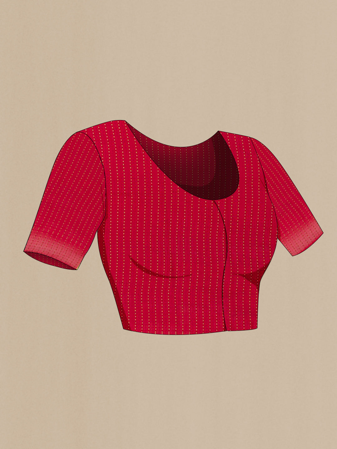 Close up image of the blouse of Red Mysore Chiffon Saree with Zari Butta on the body and Zari Border. 