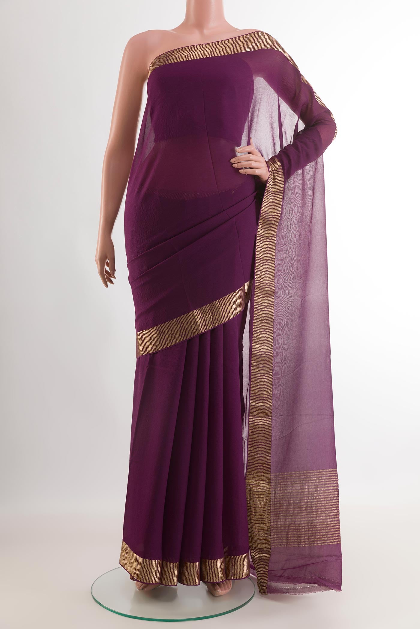 Purple Mysore Chiffon Saree with Plain Body and Zari Border.  displayed on a mannequin