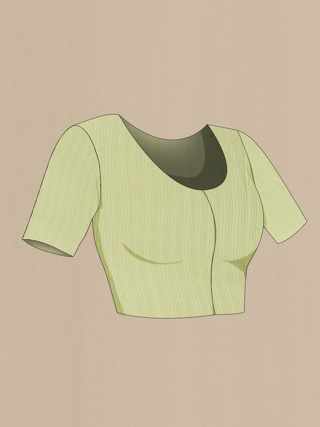 Close up image of the blouse of Light Green Mysore Chiffon Saree with Stripes on the body and Zari Border. 