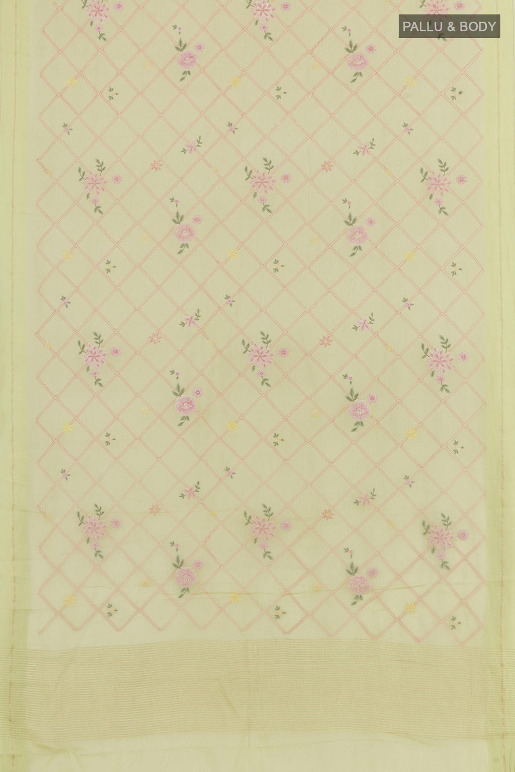 Flat view of Light Green Mysore Chiffon Saree with Stripes on the body and Zari Border. 