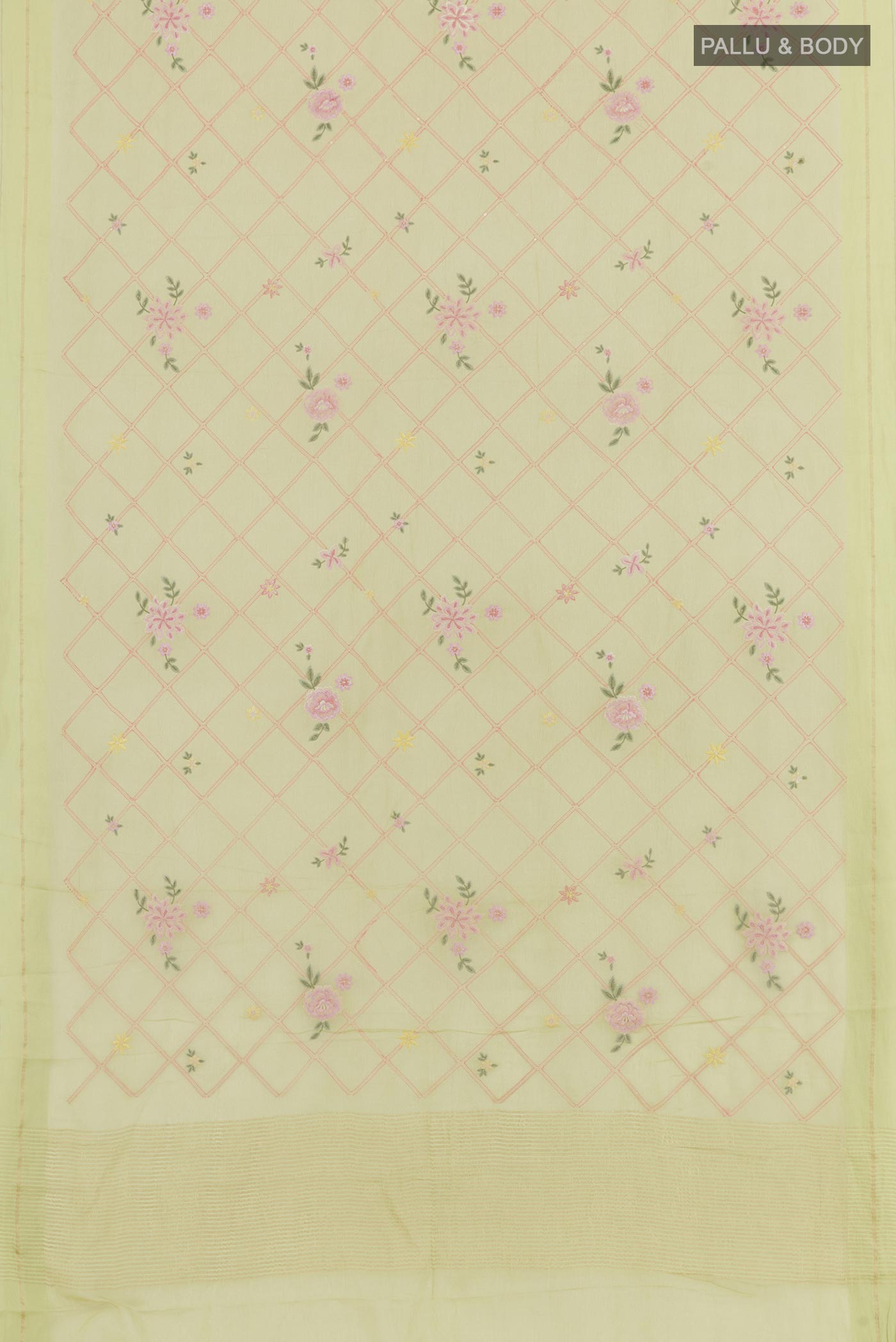 Flat view of Light Green Mysore Chiffon Saree with Stripes on the body and Zari Border. 