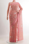Pink Mysore Chiffon Saree with Embroidery on the body and Zari Border.  displayed on a mannequin