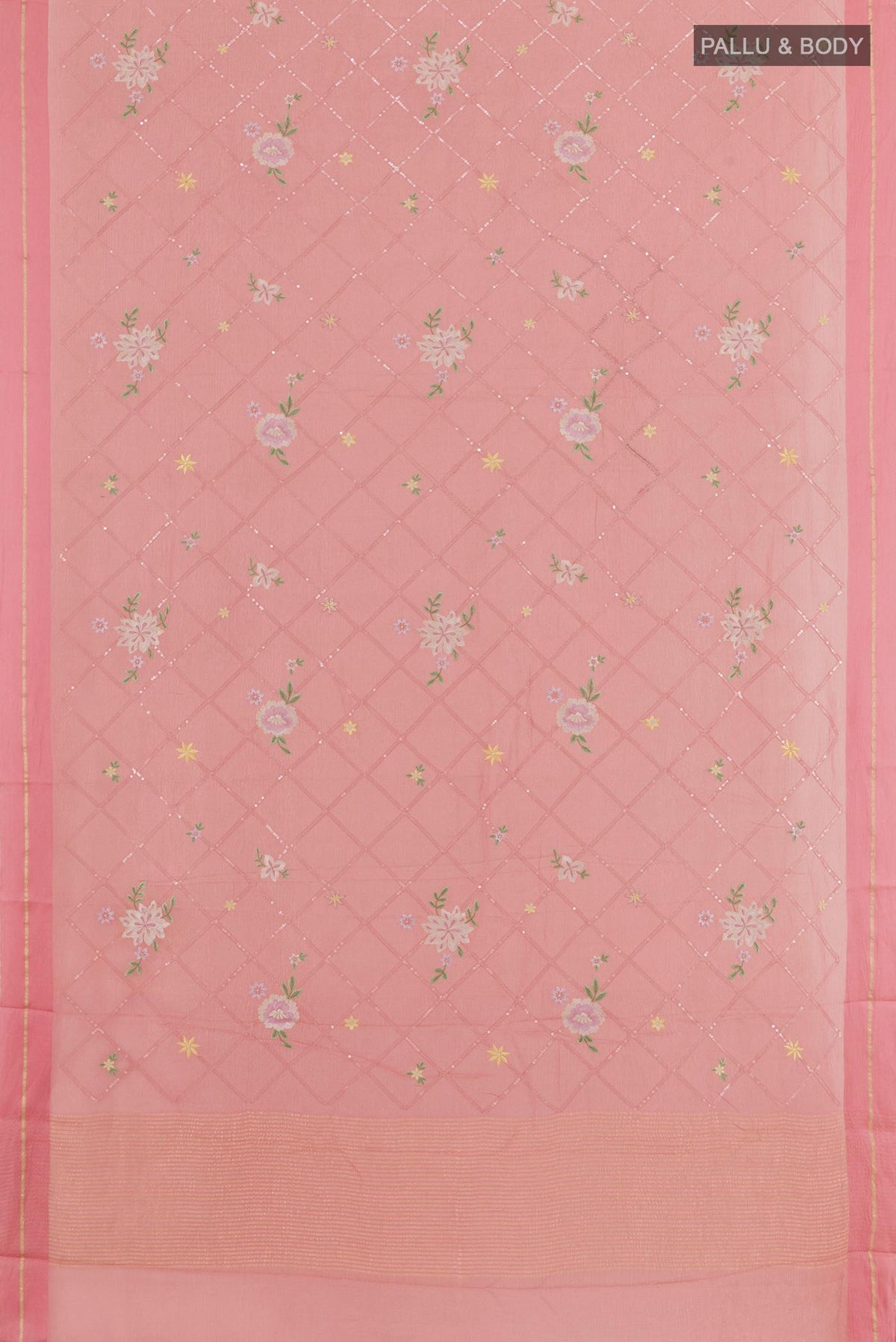 Flat view of Pink Mysore Chiffon Saree with Embroidery on the body and Zari Border. 