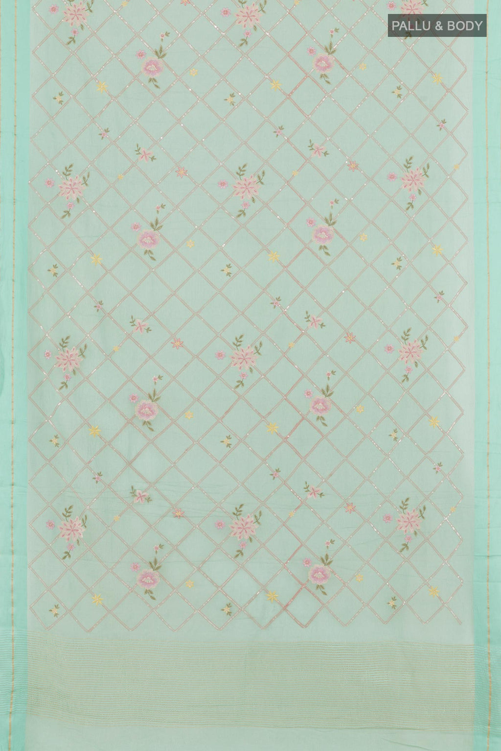 Flat view of Sea Green Mysore Georgette Saree with Embroidery on the body and Printed Border. 