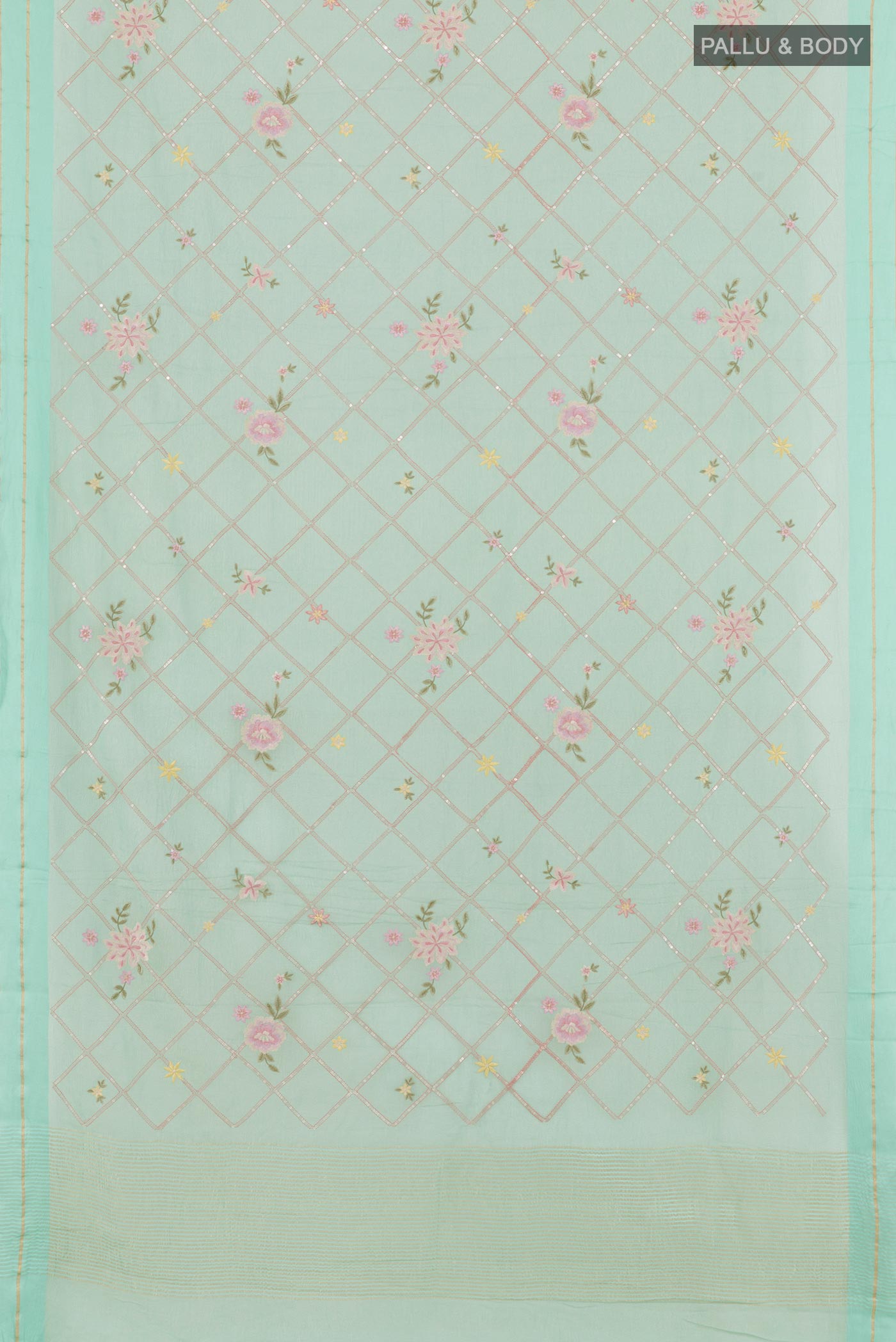 Flat view of Sea Green Mysore Georgette Saree with Embroidery on the body and Printed Border. 