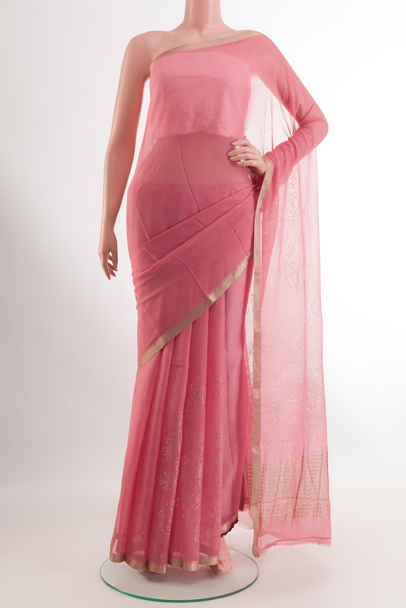 Pink Mysore Chiffon Saree with Zari Butta on the body and Plain Border.  displayed on a mannequin