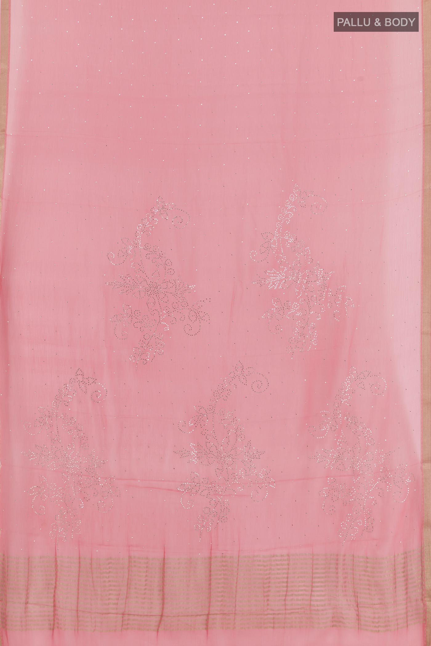 Flat view of Pink Mysore Chiffon Saree with Zari Butta on the body and Plain Border. 