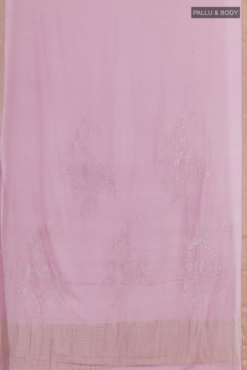 Flat view of Lavender Mysore Chiffon Saree with Zari Butta on the body and Zari Border. 