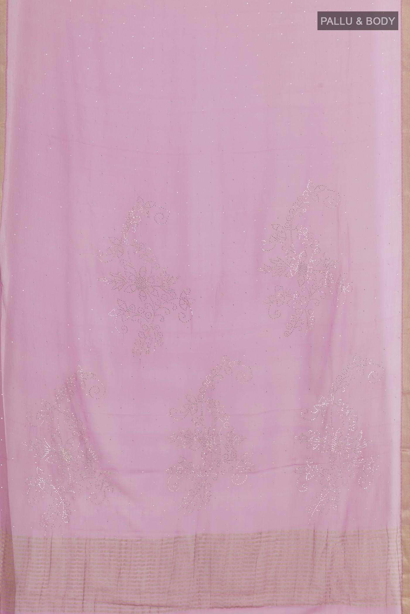 Flat view of Lavender Mysore Chiffon Saree with Zari Butta on the body and Zari Border. 