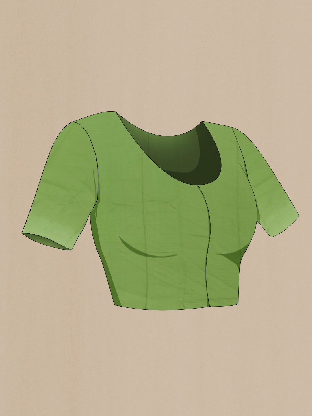 Close up image of the blouse of Green Mysore Chiffon Saree with Zari Butta on the body and Zari Border. 
