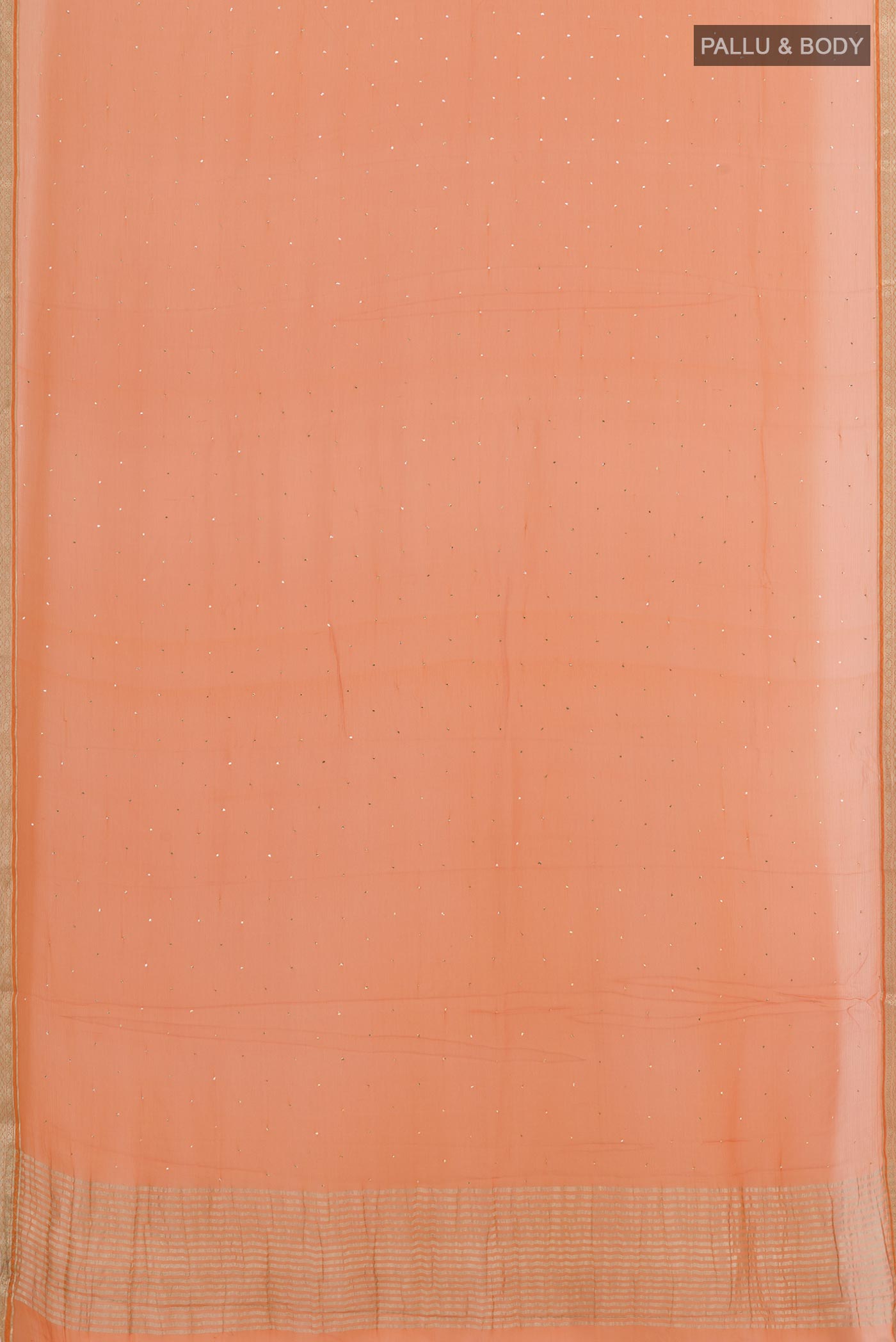 Flat view of Orange Mysore Chiffon Saree with Zari Butta on the body and Zari Border. 