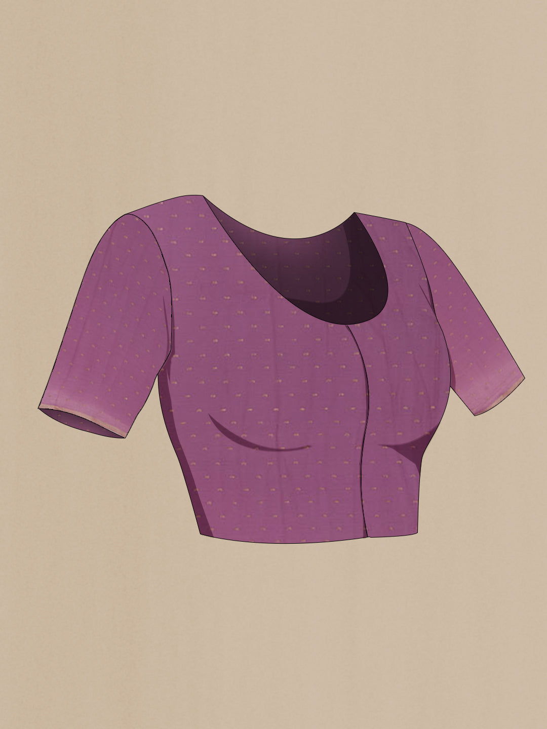 Close up image of the blouse of Lavender Mysore Chiffon Saree with Embroidery on the body and Zari Border. 