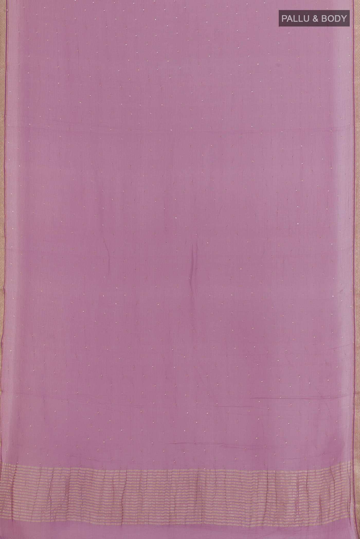 Flat view of Lavender Mysore Chiffon Saree with Embroidery on the body and Zari Border. 