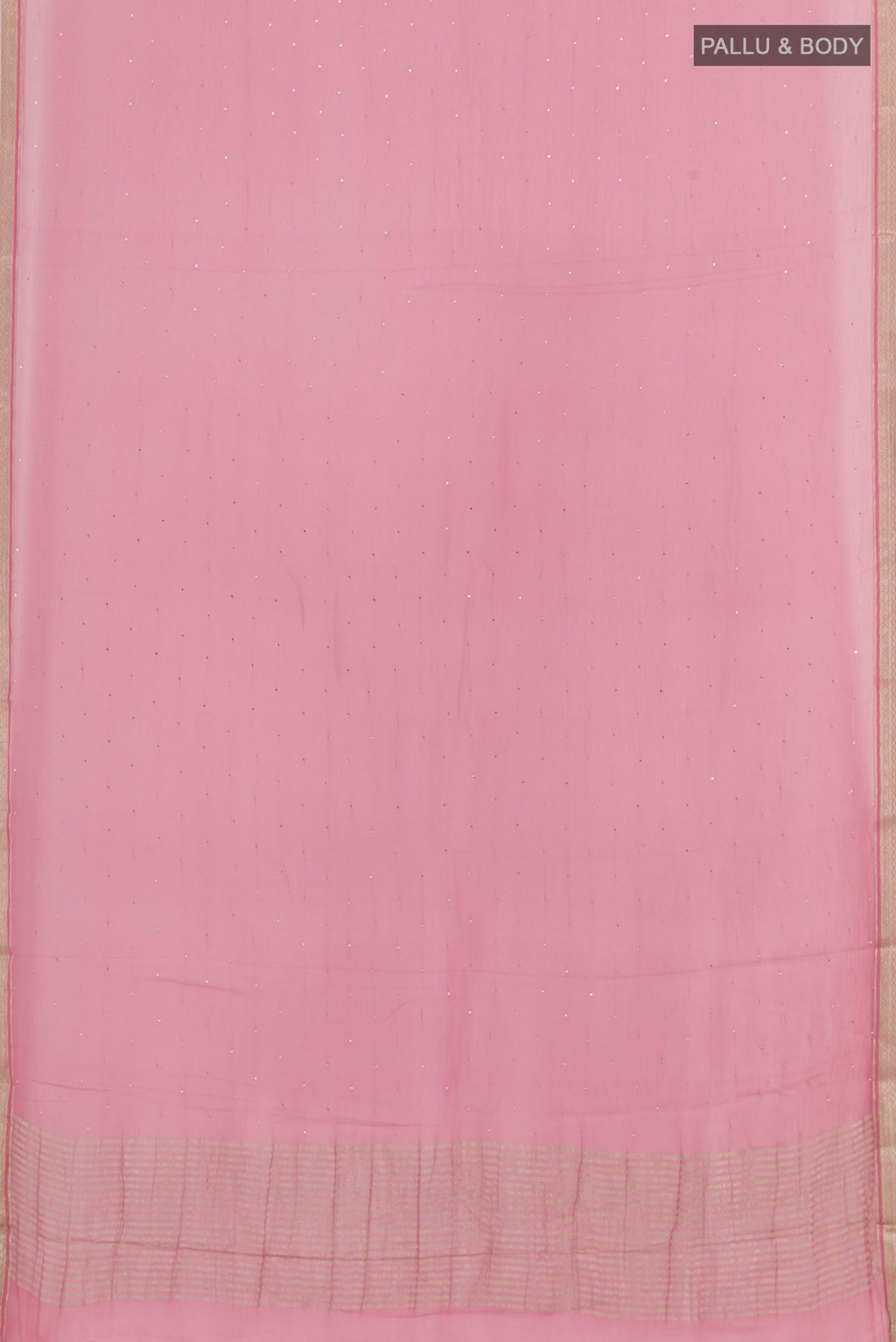 Flat view of Pink Mysore Chiffon Saree with Zari Butta on the body and Zari Border. 