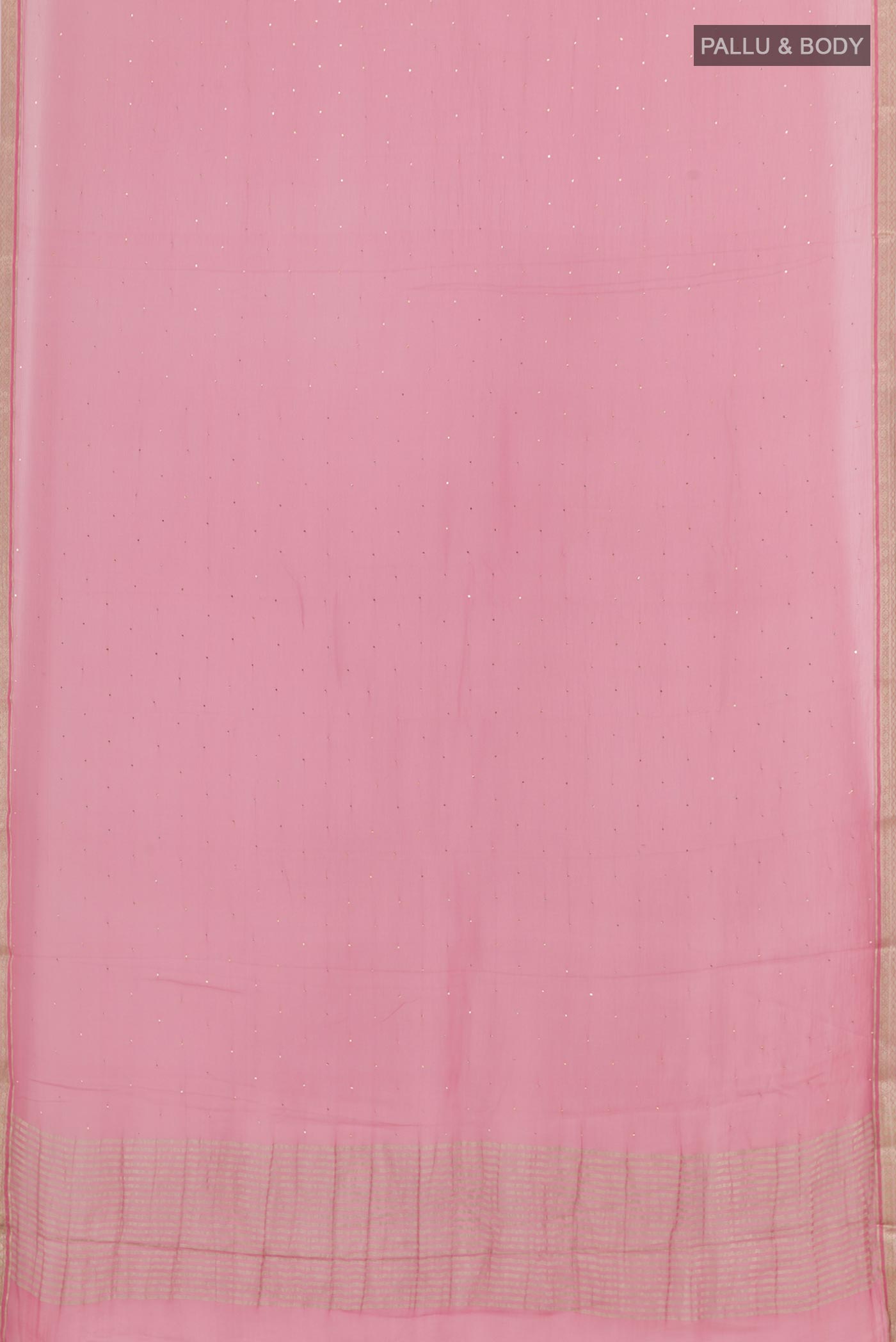 Flat view of Pink Mysore Chiffon Saree with Zari Butta on the body and Zari Border. 