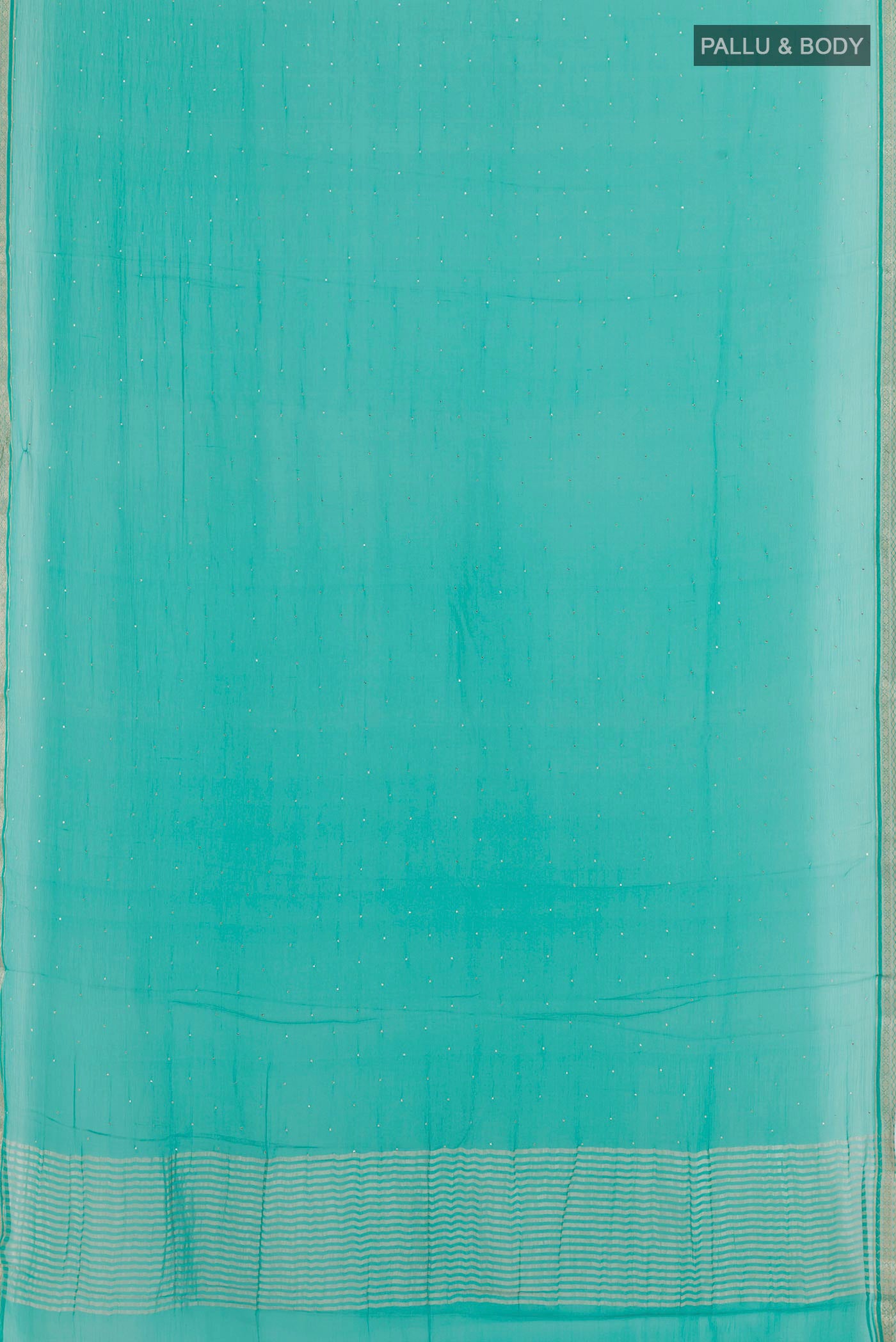 Flat view of Sea Green Mysore Chiffon Saree with Zari Butta on the body and Plain Border. 