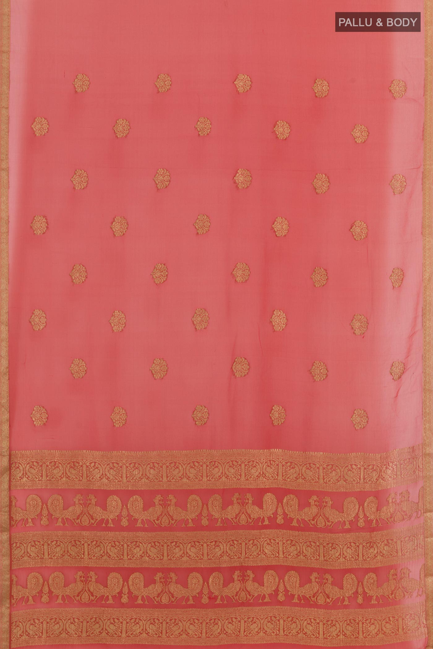 Flat view of Orange Mysore Chiffon Saree with Zari Butta on the body and Zari Border. 
