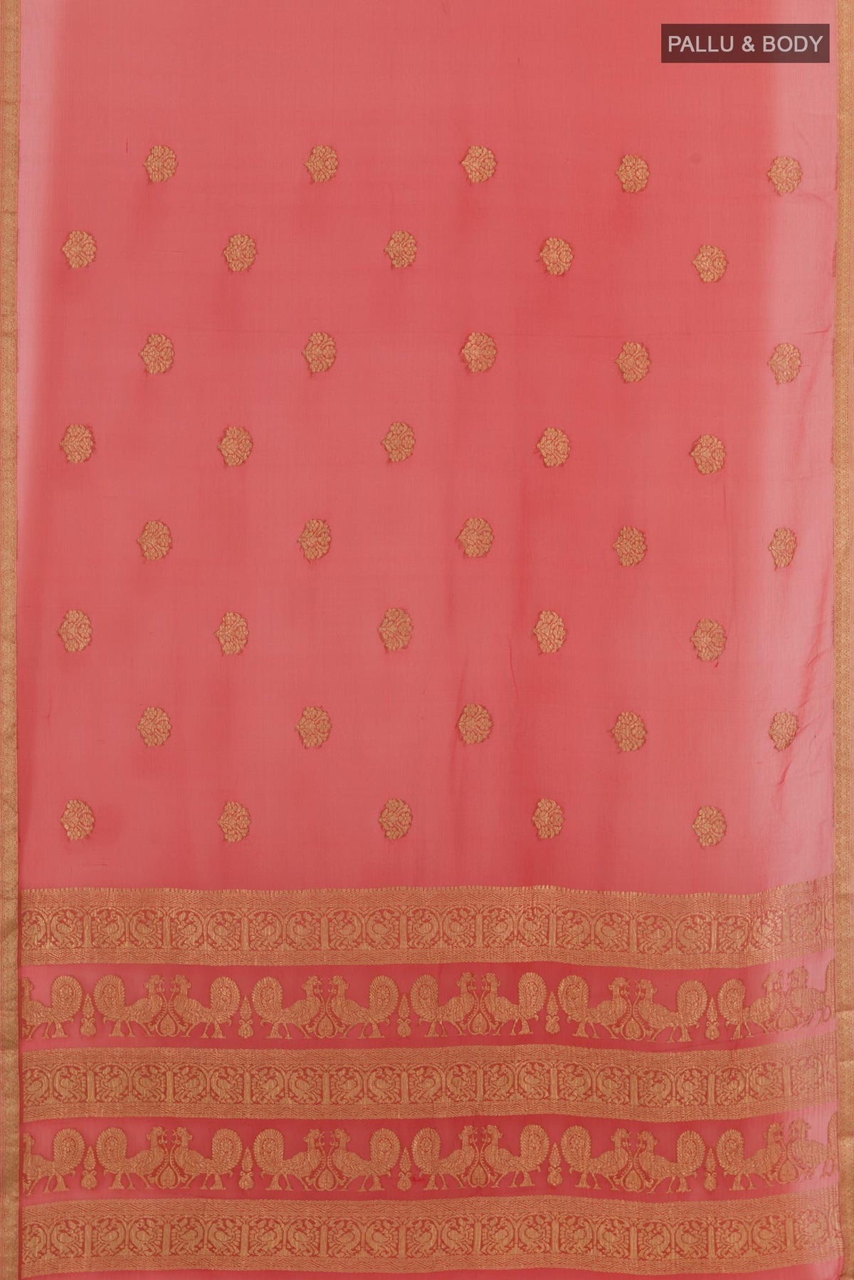 Flat view of Orange Mysore Chiffon Saree with Zari Butta on the body and Zari Border. 