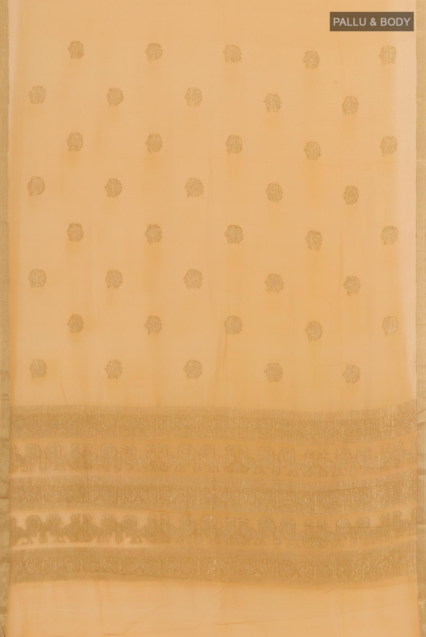 Flat view of Yellow Mysore Chiffon Saree with Zari Butta on the body and Zari Border. 