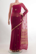 Purple Mysore Chiffon Saree with Zari Butta on the body and Plain Border.  displayed on a mannequin