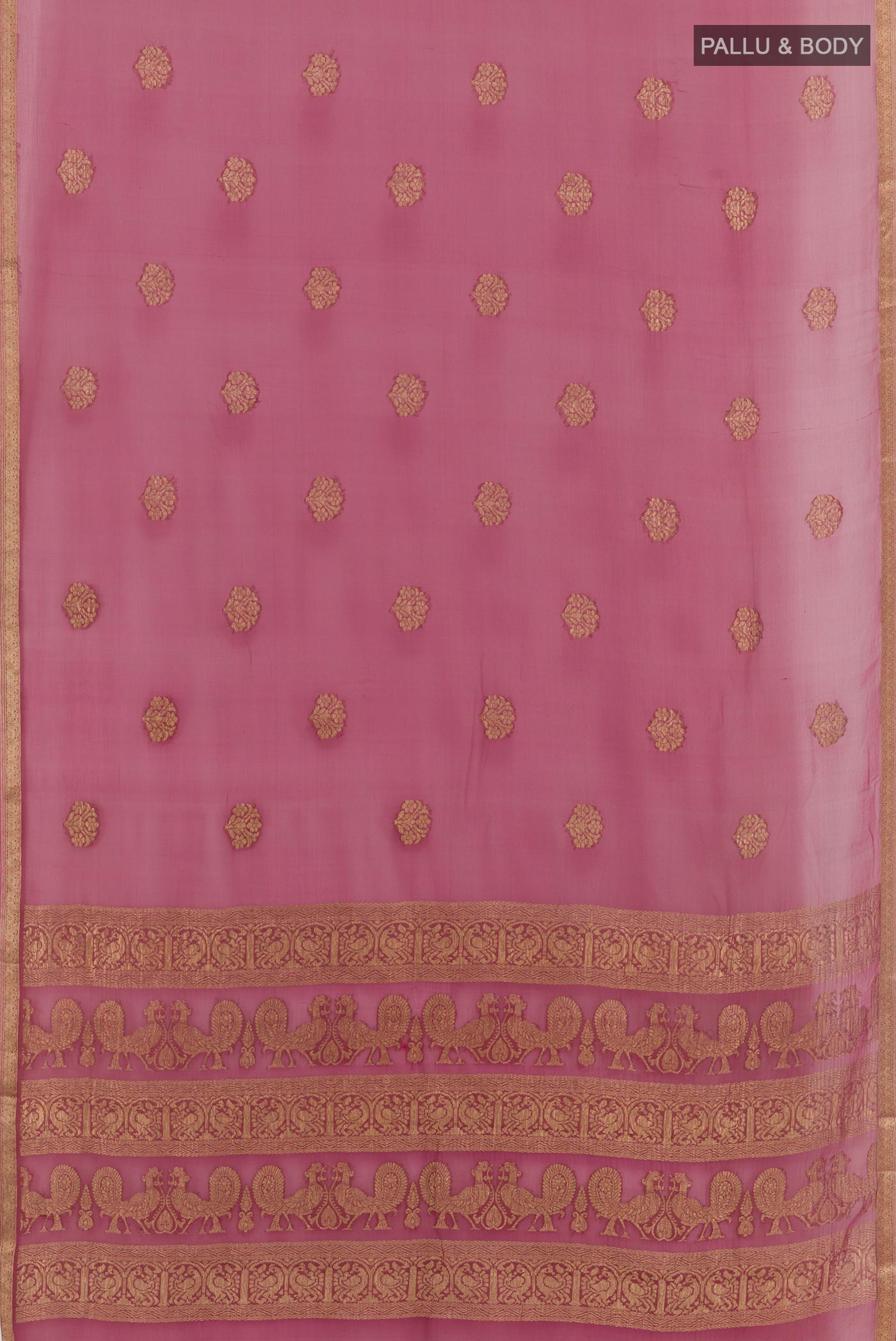 Flat view of Purple Mysore Chiffon Saree with Zari Butta on the body and Plain Border. 