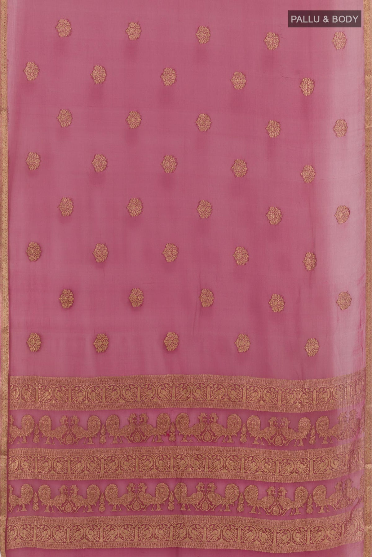Flat view of Purple Mysore Chiffon Saree with Zari Butta on the body and Plain Border. 