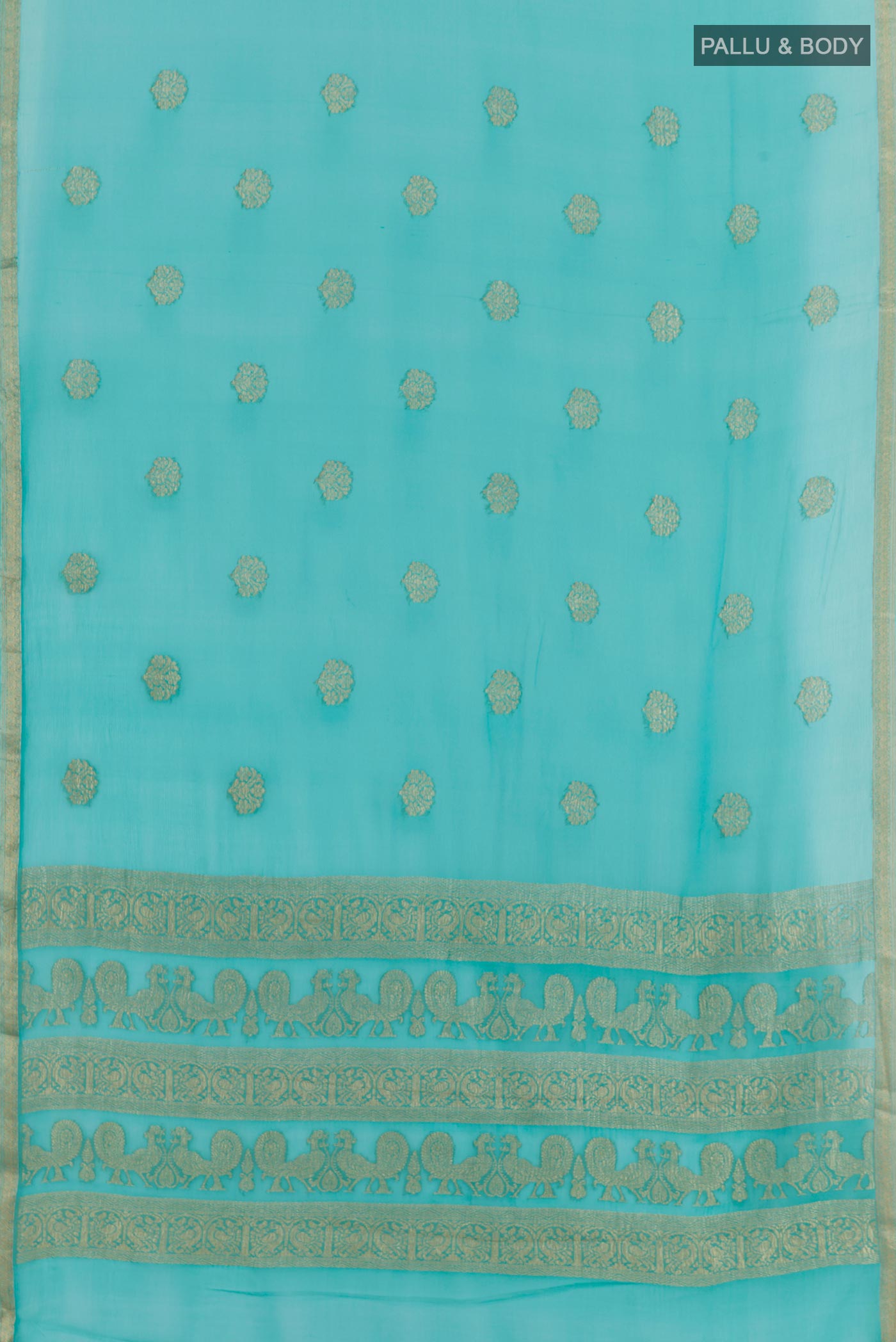 Flat view of Blue Mysore Chiffon Saree with Zari Butta on the body and Plain Border. 