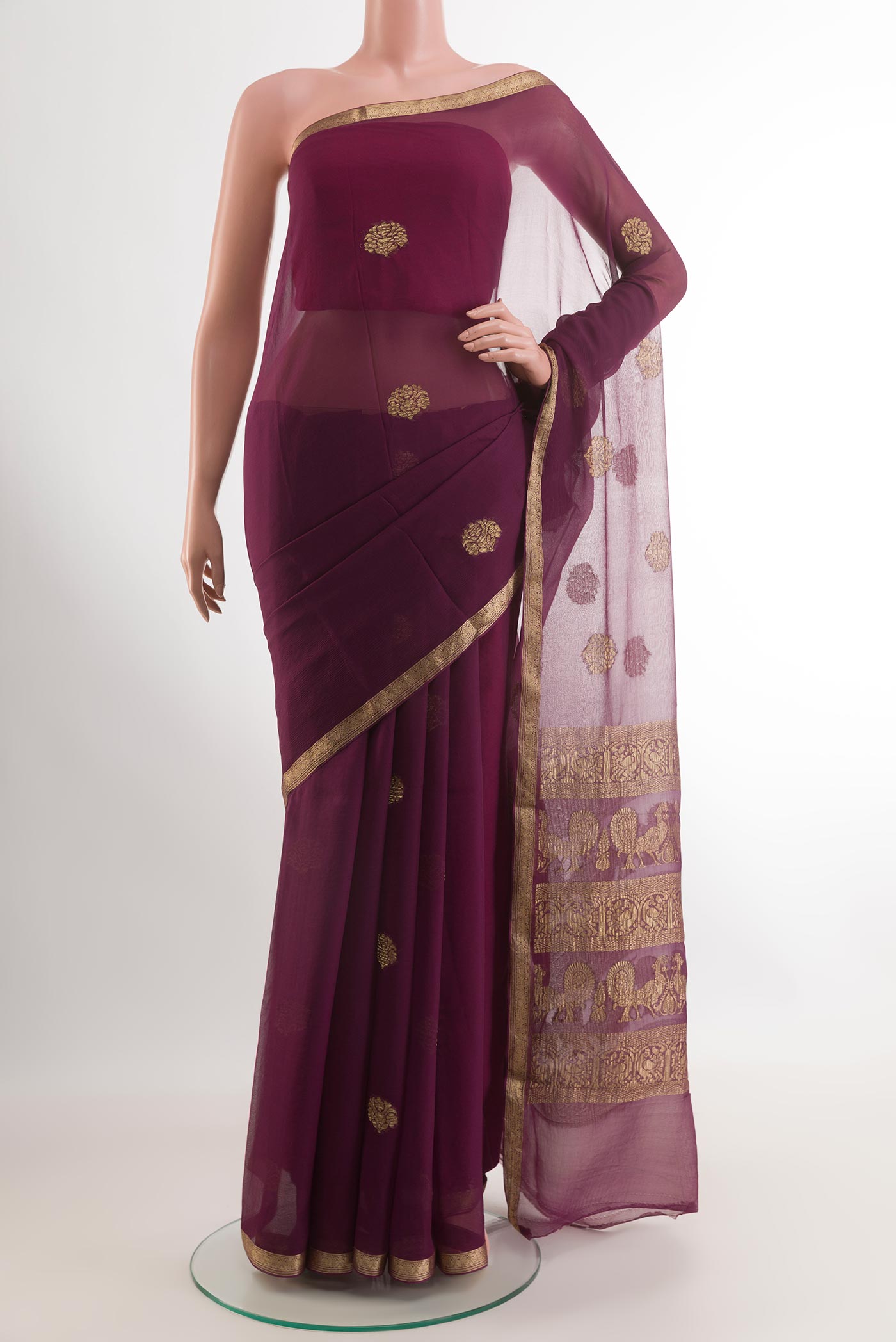 Purple Mysore Chiffon Saree with Zari Butta on the body and Plain Border.  displayed on a mannequin