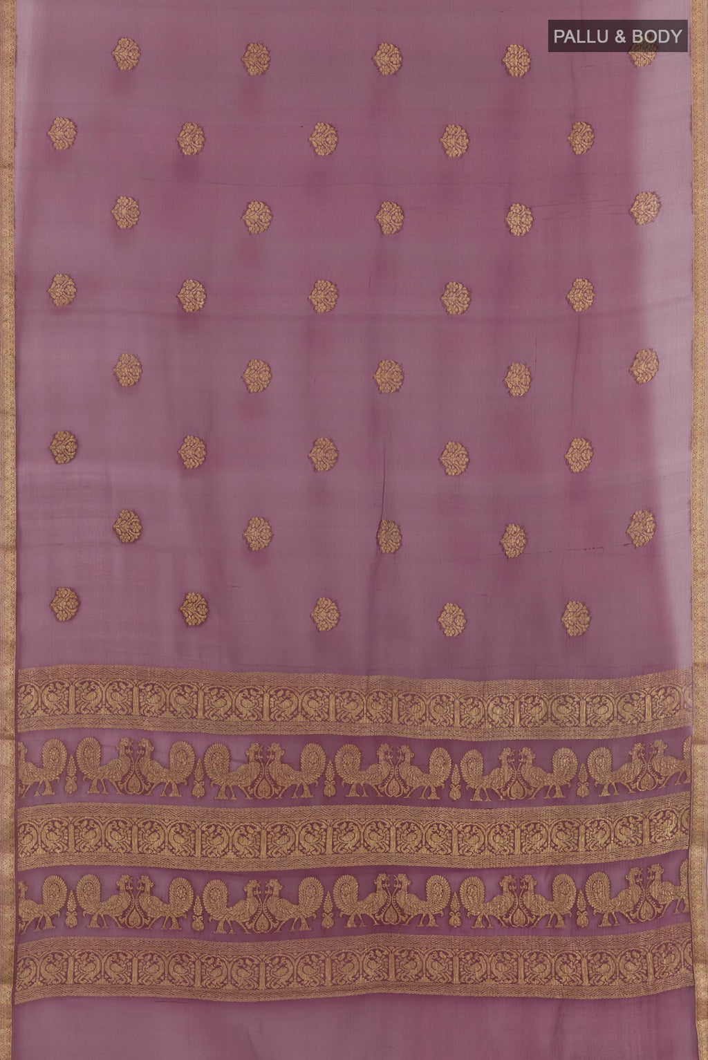 Flat view of Purple Mysore Chiffon Saree with Zari Butta on the body and Plain Border. 