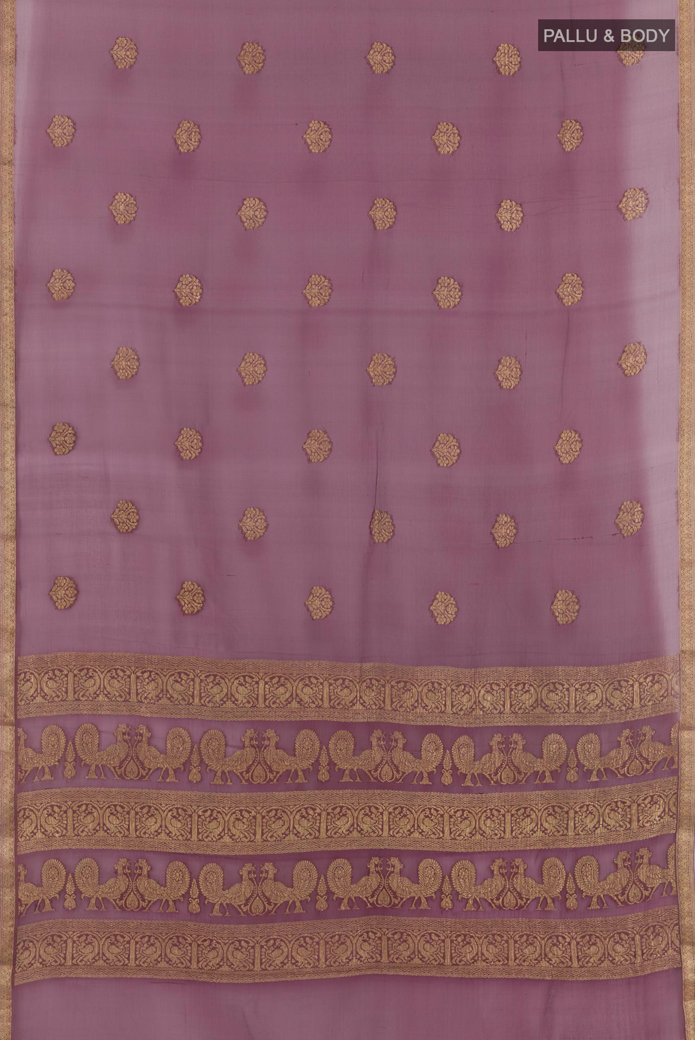 Flat view of Purple Mysore Chiffon Saree with Zari Butta on the body and Plain Border. 