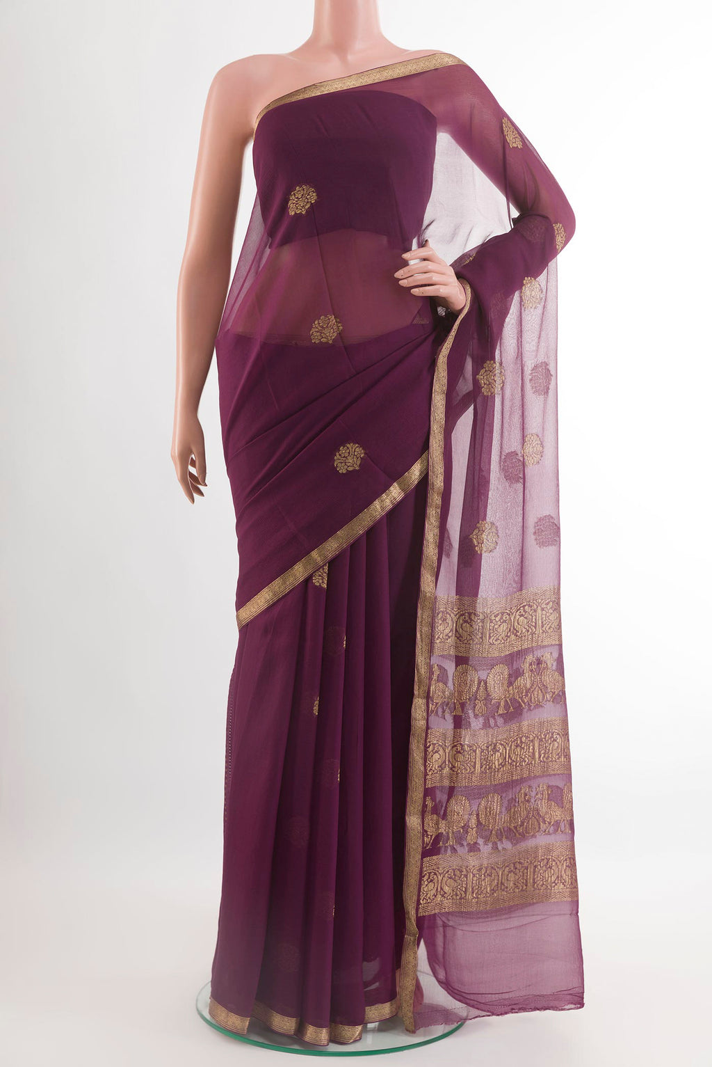Purple Mysore Chiffon Saree with Plain Body and Plain Border.  displayed on a mannequin