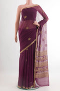 Purple Mysore Chiffon Saree with Plain Body and Plain Border.  displayed on a mannequin