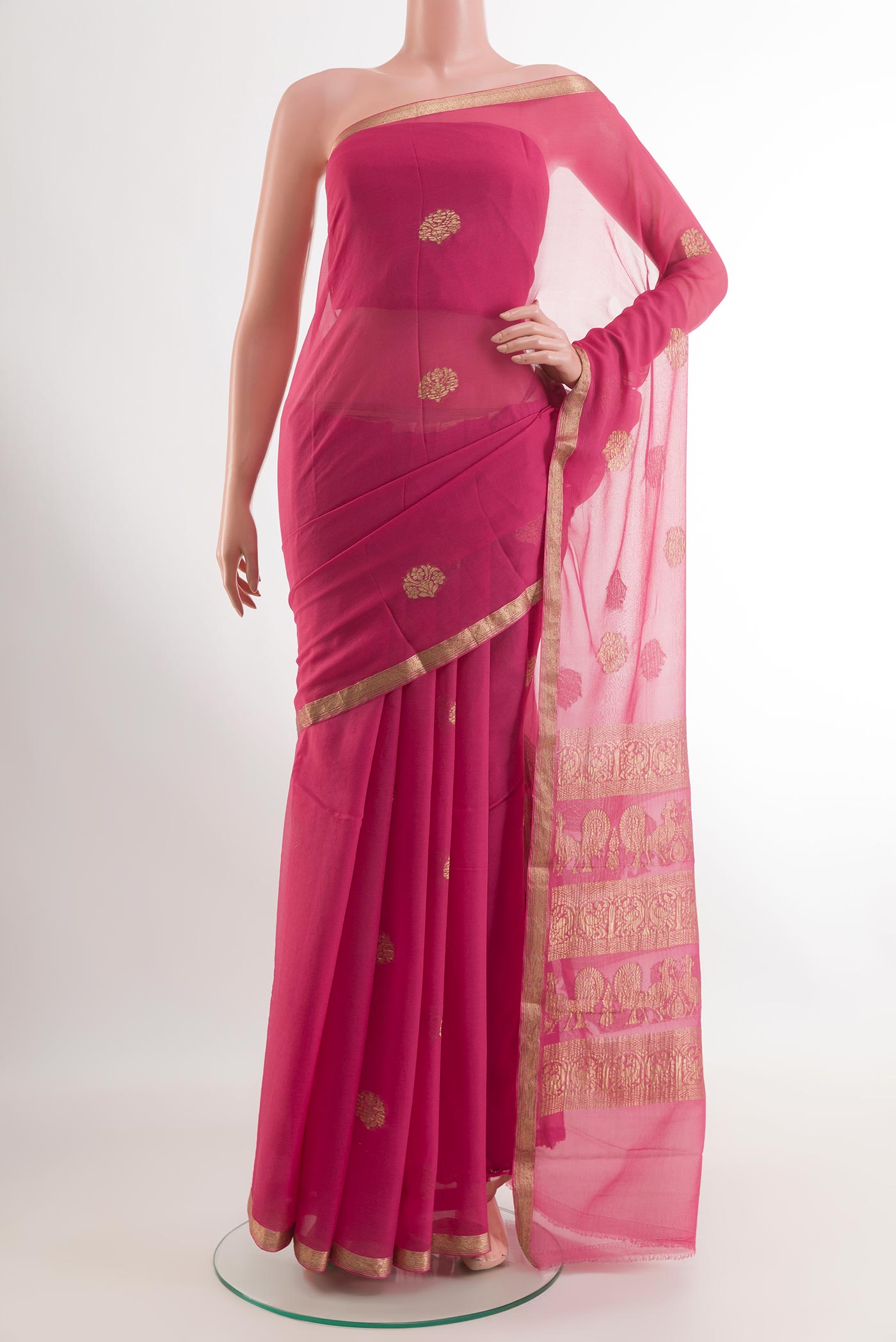 Pink Mysore Chiffon Saree with Zari Butta on the body and Plain Border.  displayed on a mannequin