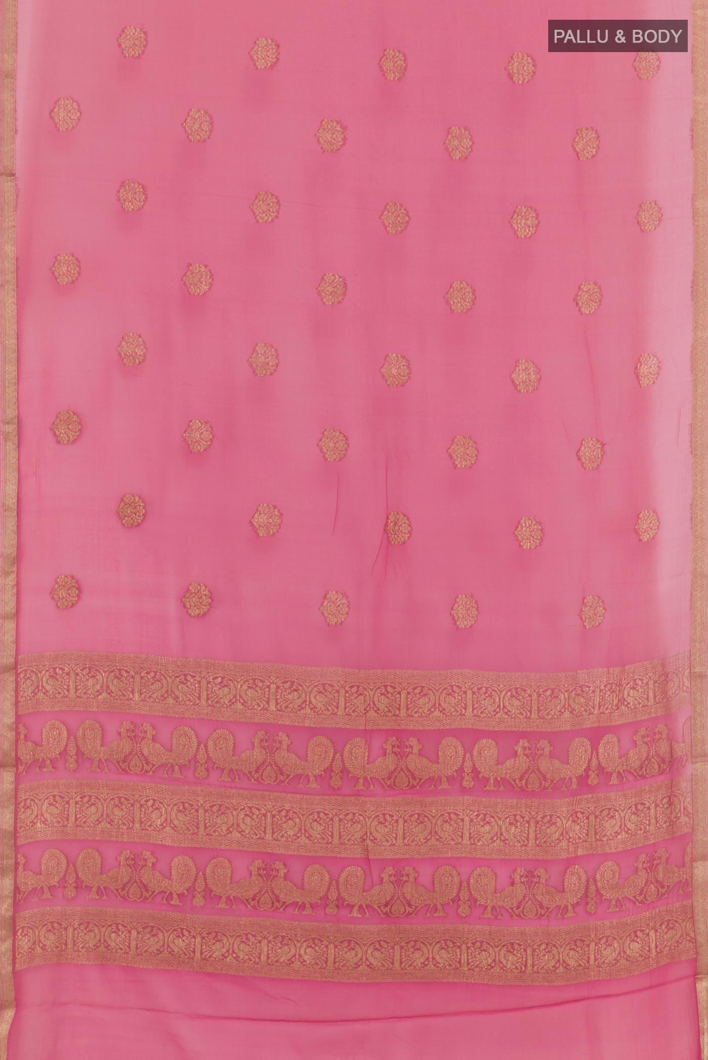 Flat view of Pink Mysore Chiffon Saree with Zari Butta on the body and Plain Border. 