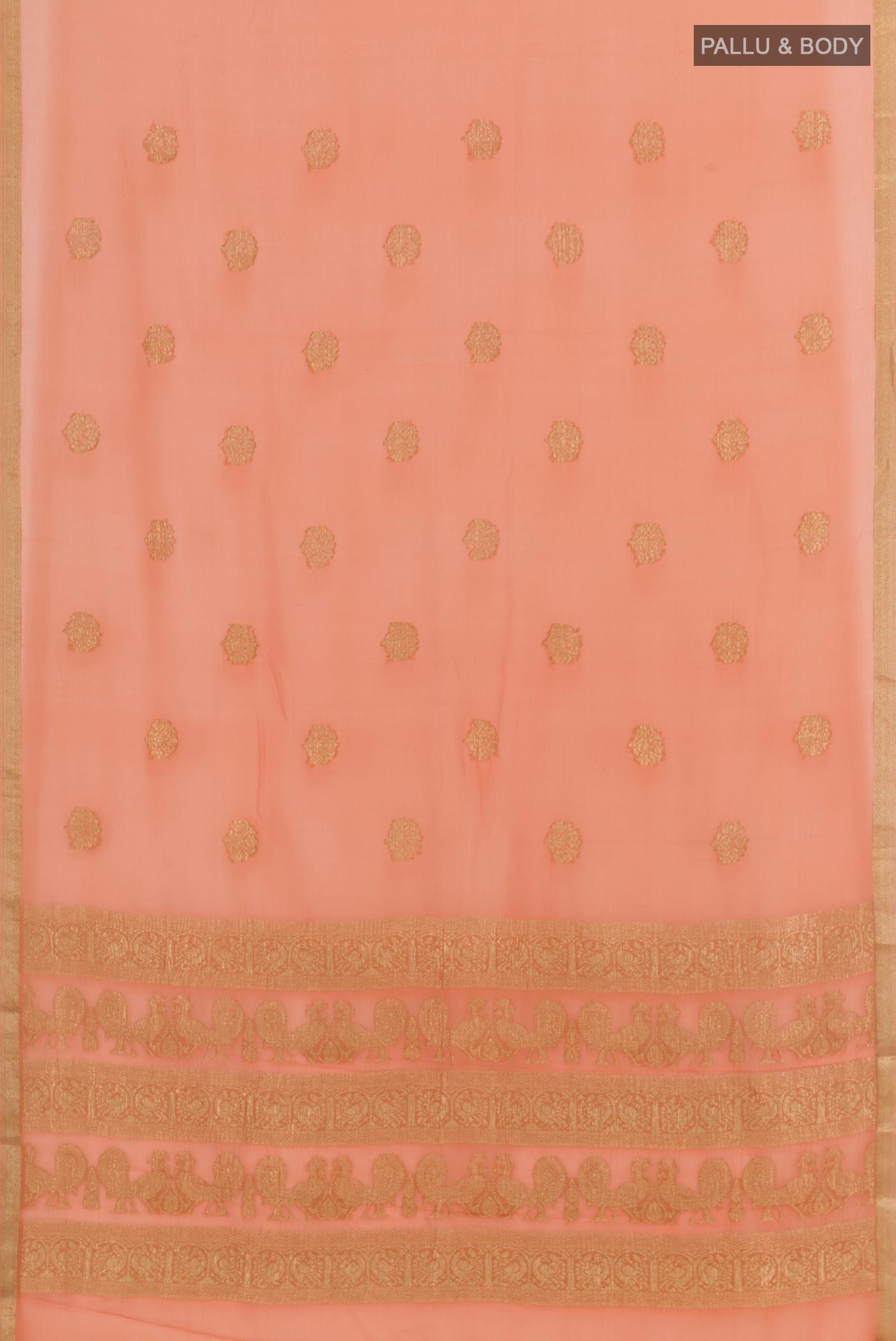 Flat view of Orange Mysore Chiffon Saree with Zari Butta on the body and Zari Border. 