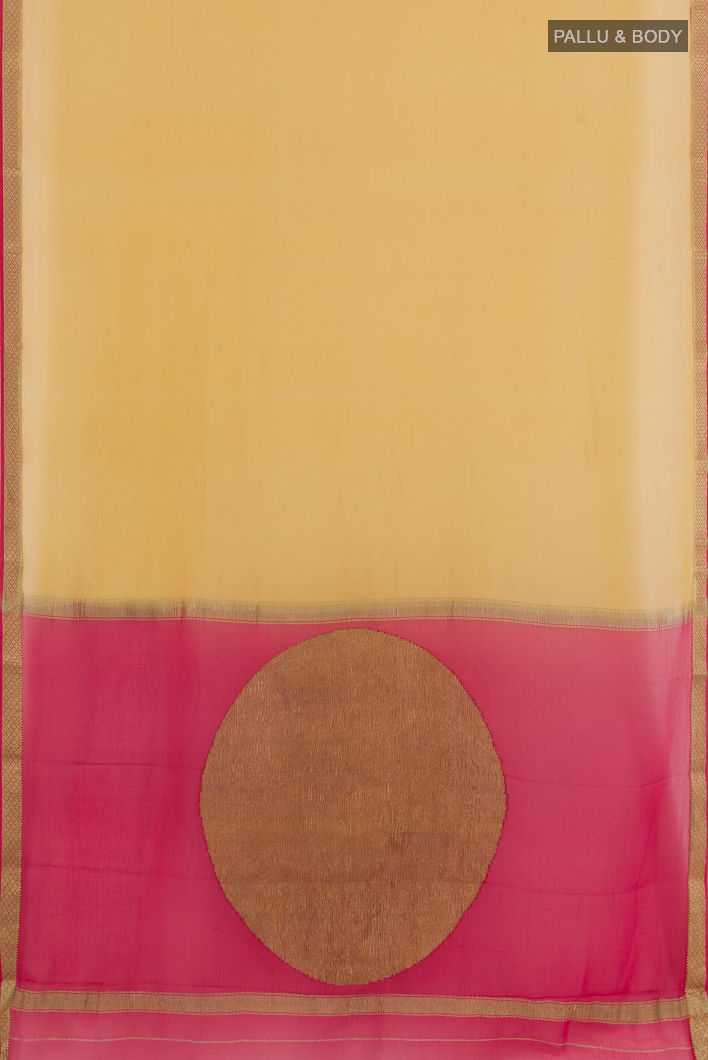 Flat view of Yellow Mysore Chiffon Saree with Plain Body and Zari Border. 
