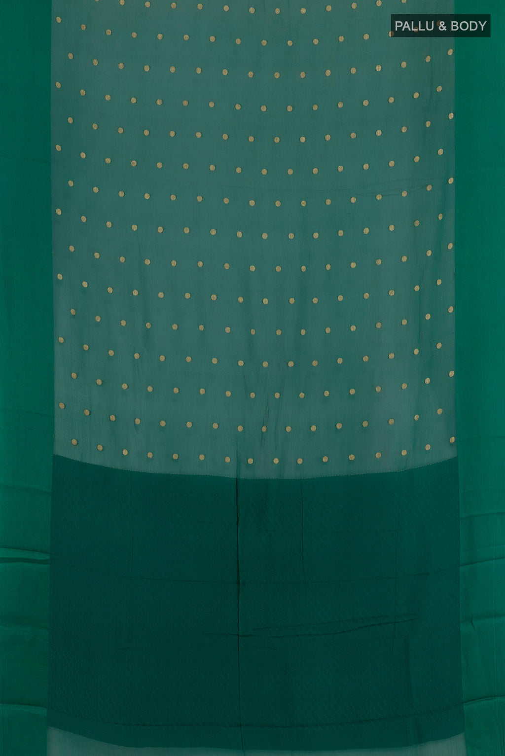 Flat view of Green Mysore Chiffon Saree with Zari Butta on the body and Plain Border. 