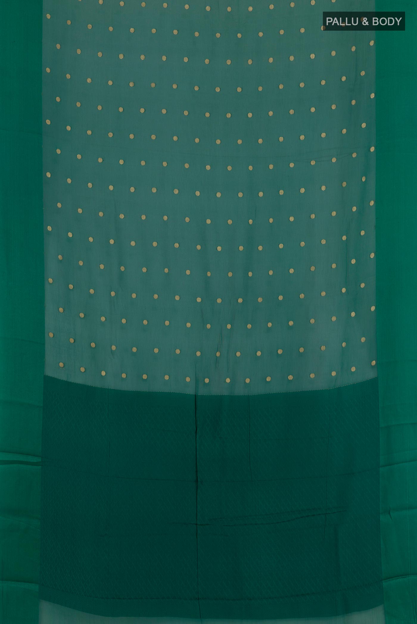 Flat view of Green Mysore Chiffon Saree with Zari Butta on the body and Plain Border. 