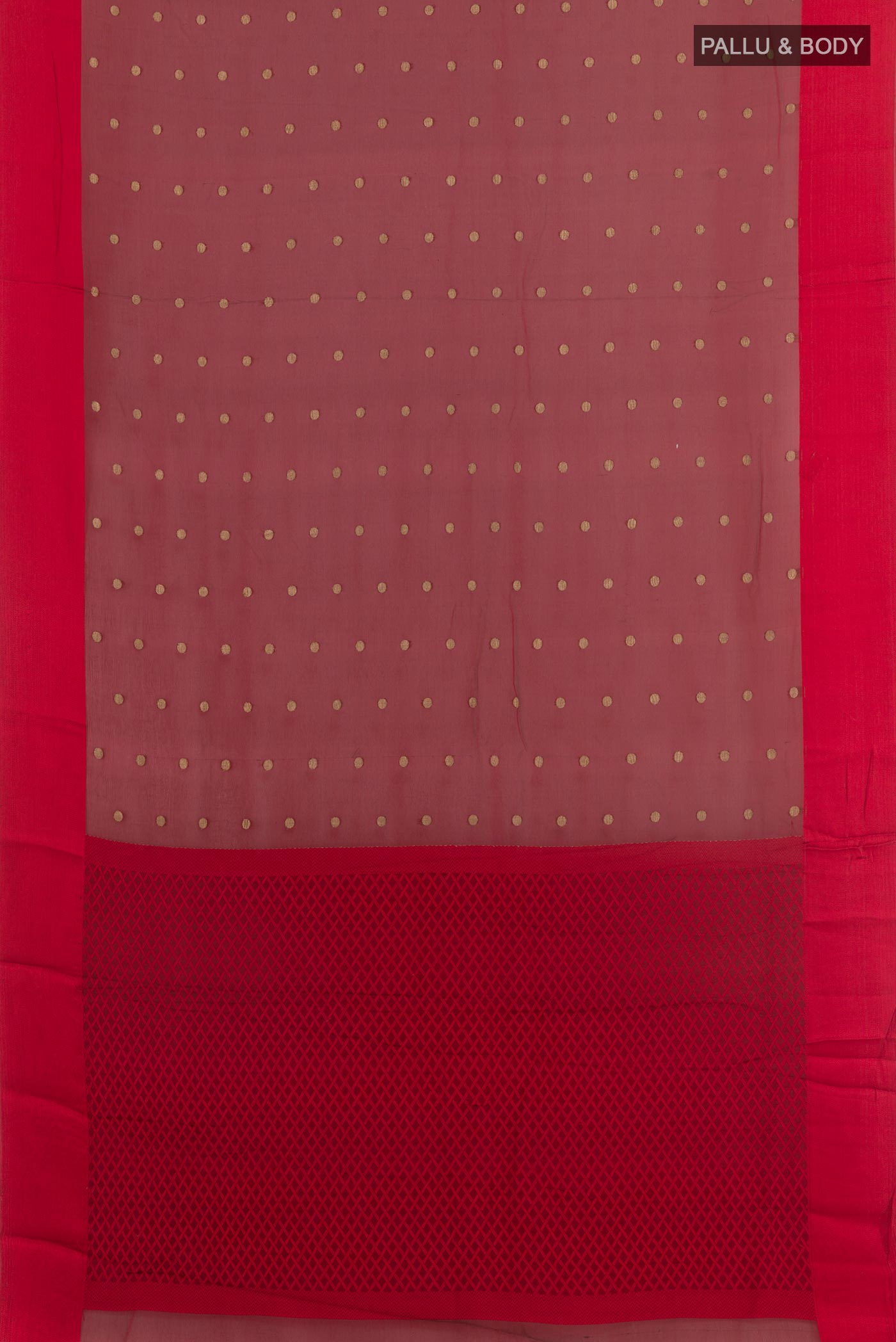 Flat view of Red Mysore Chiffon Saree with Zari Butta on the body and Plain Border. 