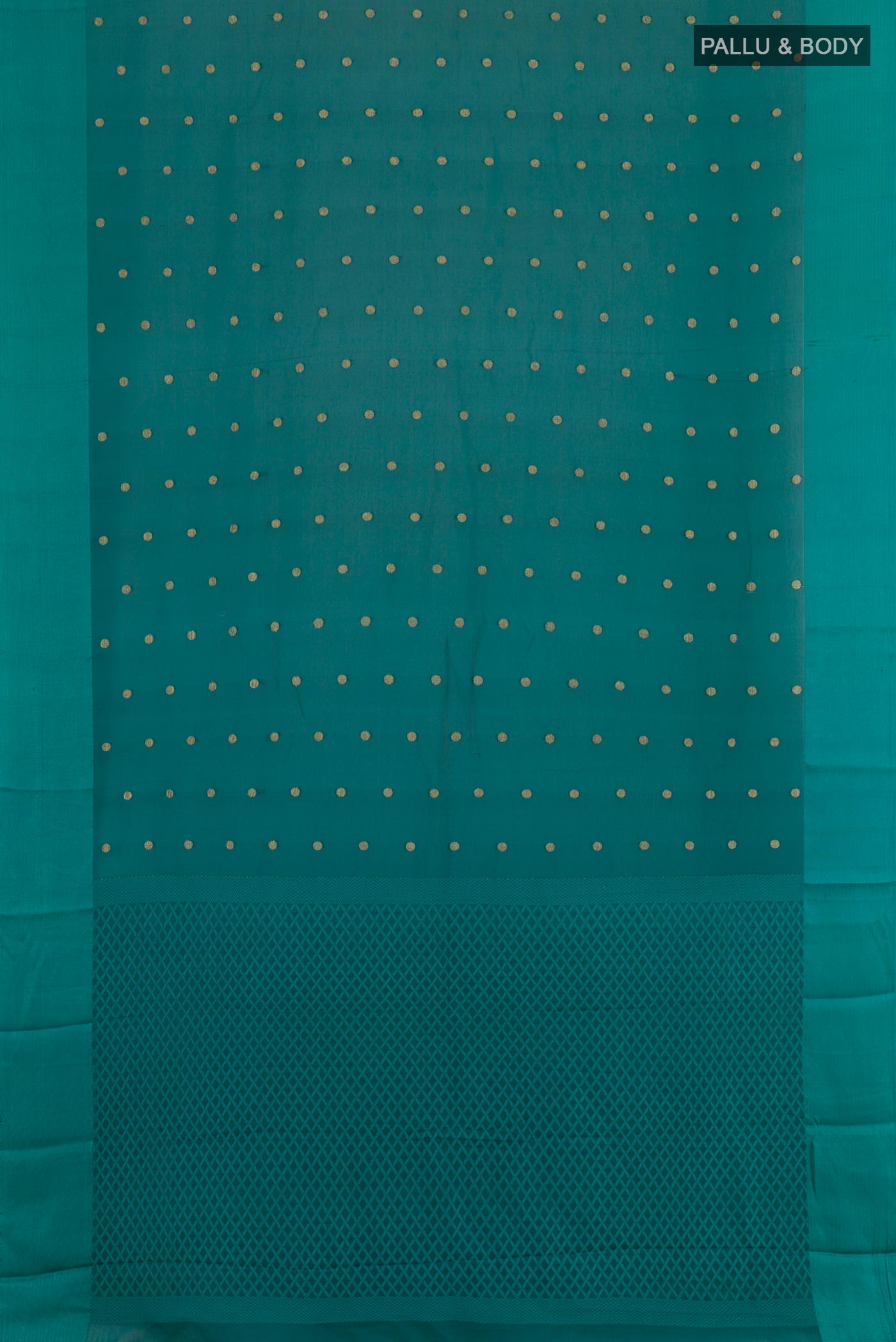 Flat view of Sea Green Mysore Chiffon Saree with Zari Butta on the body and Zari Border. 